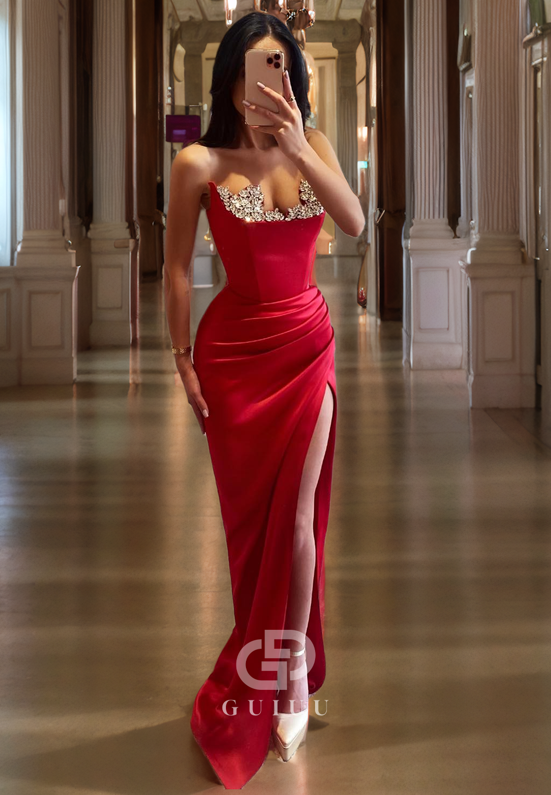 Sheath Strapless Sleeveless Beaded Pleated Long Red Prom Dress with High Side Slit