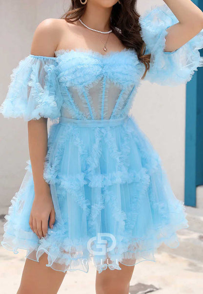 A-Line Short Sleeves Sweetheart Corset Homecoming Dress