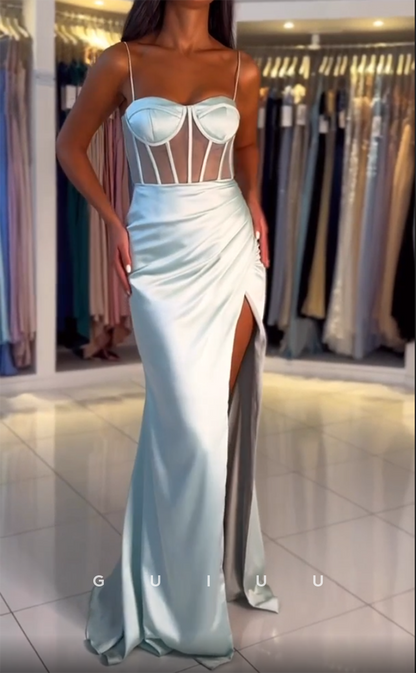 G3049 - Chic & Modern Straps Sweetheart Sheer Long Formal Prom Dress With Slit