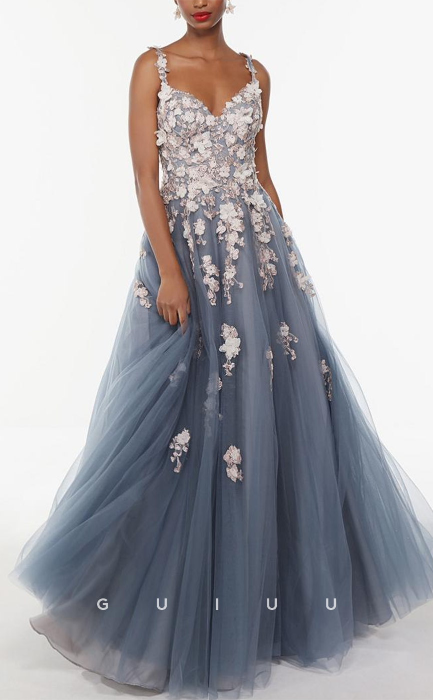 G3272 - Elegant & Luxurious A-line Applique Tulle Long Party Prom Evening Dresses