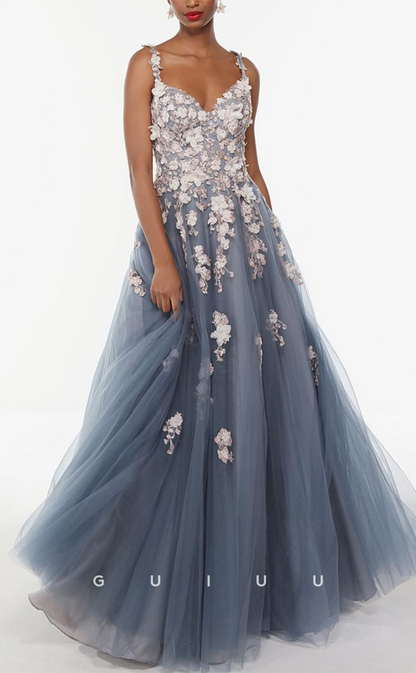 G3272 - Elegant & Luxurious A-line Applique Tulle Long Party Prom Evening Dresses