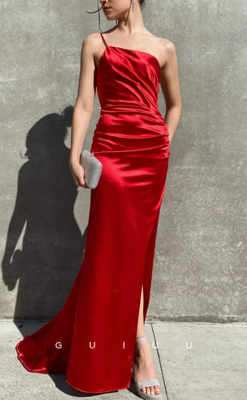 G3250 - Classic Simple One Shoulder Pleats Satin Red Long Formal Prom Dresses