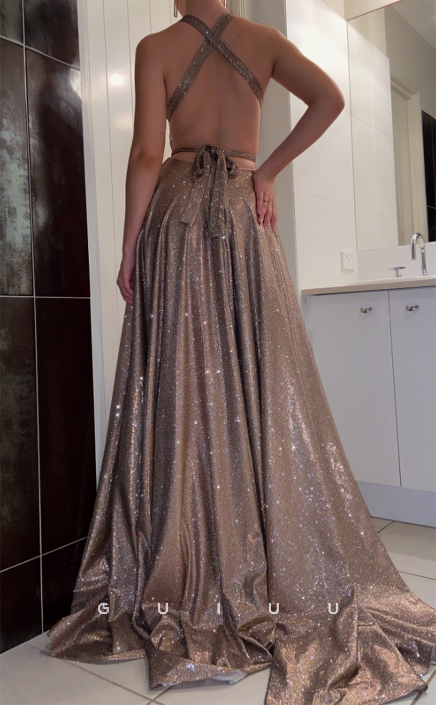 G3241 - Chic & Modern Glitter V-Neck Long Evening  Prom Dresses With Slit