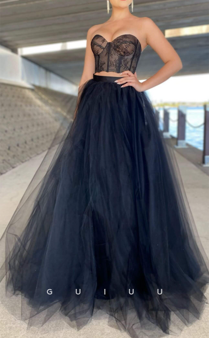 G3296 - Classic & Timeless A-Line Lace Strapless Tulle Long Party Prom Evening Dresses