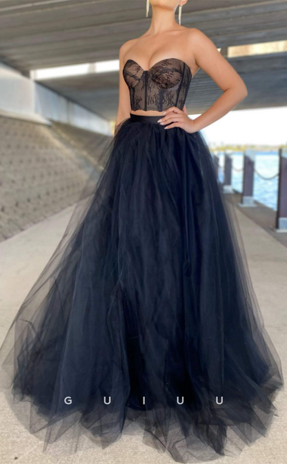 G3296 - Classic & Timeless A-Line Lace Strapless Tulle Long Party Prom Evening Dresses