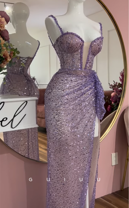 G3317 - Elegant & Luxurious V-Neck Sequins Beaded Purple Long Party Prom Evening Dresses