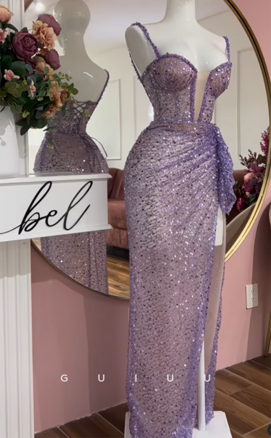 G3317 - Elegant & Luxurious V-Neck Sequins Beaded Purple Long Party Prom Evening Dresses