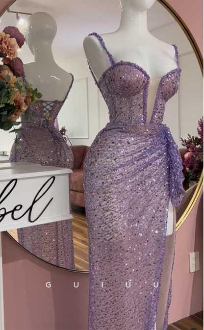 G3317 - Elegant & Luxurious V-Neck Sequins Beaded Purple Long Party Prom Evening Dresses