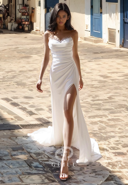 Sheath Strapless Sleeveless Beaded Pleated Long Satin Wedding Dress with High Side Slit and Train