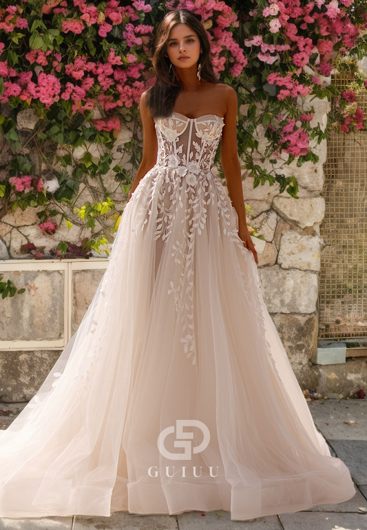 A-Line Strapless Sleeveless Back Zipper Appliques Boho Wedding Dress