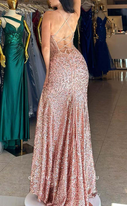 G3310 - Sparkle V-Neck Sequins Bedaed Straps Long Party Prom Evening Dresses