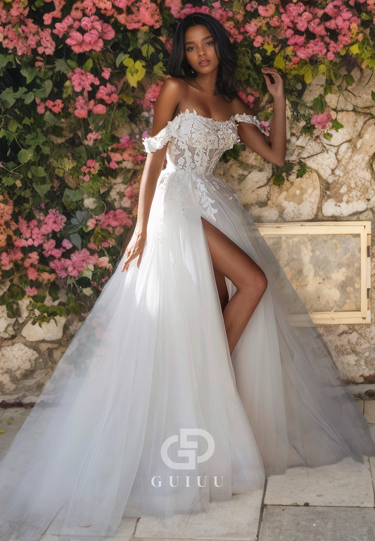 A-Line Off Shoulder Sleeveless Appliques Tulle Boho Wedding Dress with High SIde Slit and Train