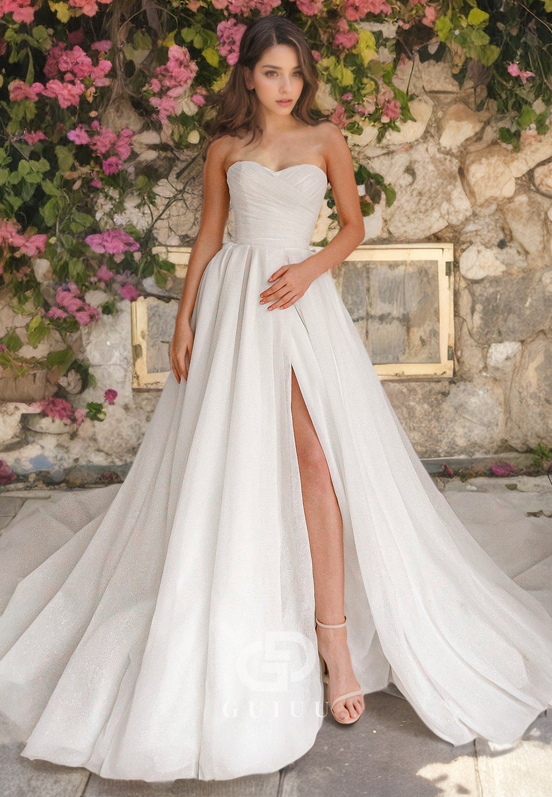 A-Line Strapless Sleeveless Pleated Satin Wedding Dress with High Side Slit and Train