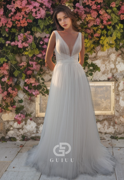 A-Line V Neck Straps Sleeveless Pleated Tulle Wedding Dress with Train