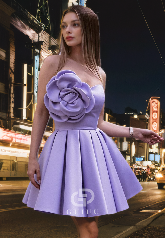 A-Line Strapless Sleeveless Satin Short Homecoming Dress with Flower