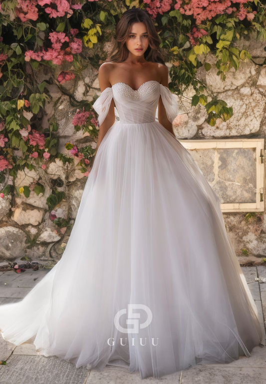 A-Line Off Shoulder Sleeveless Beaded Pleated Long Tulle Wedding Dress with Train