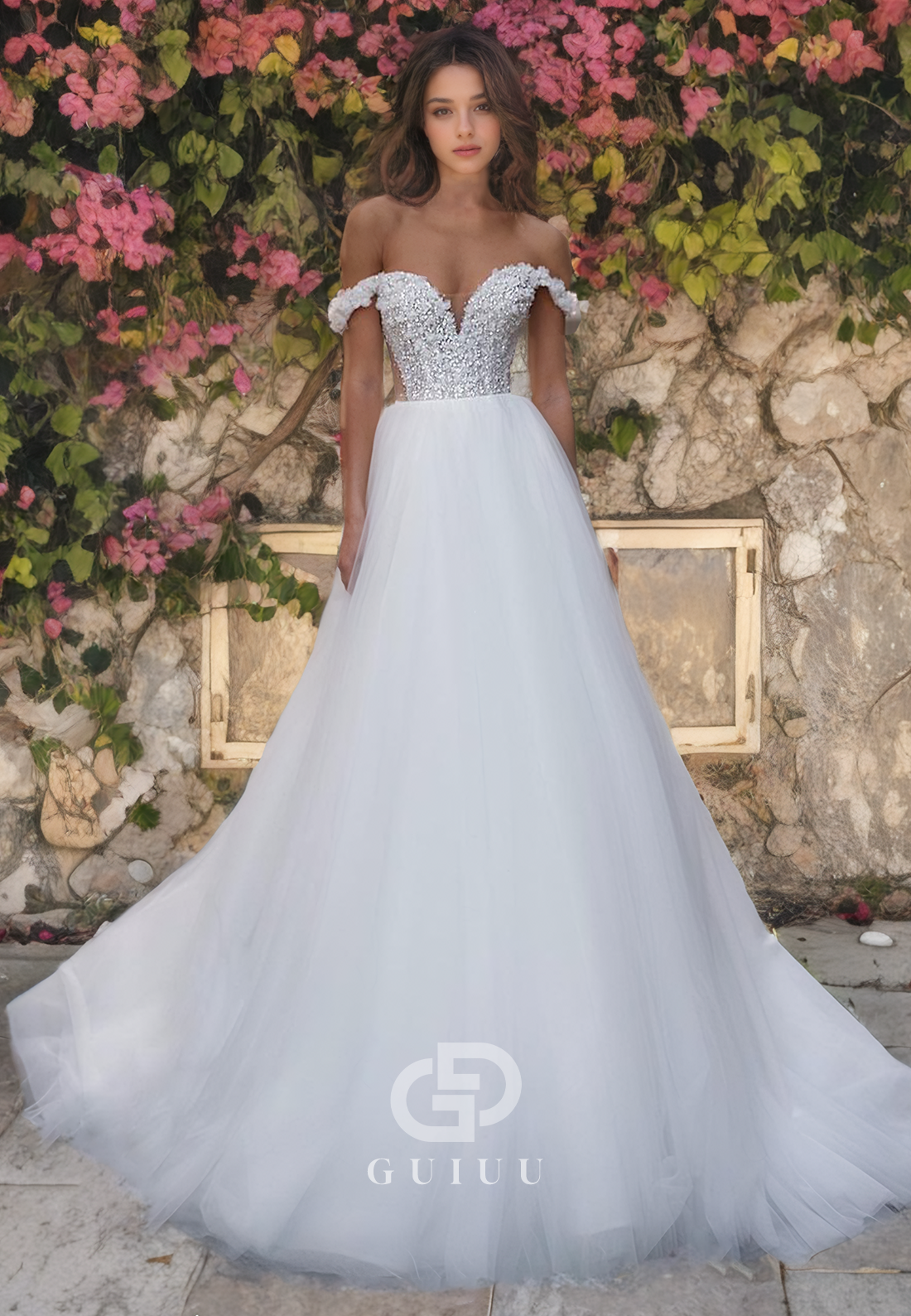 A-Line Off Shoulder Sleeveless Beaded Lace Appliques Tulle Wedding Dress