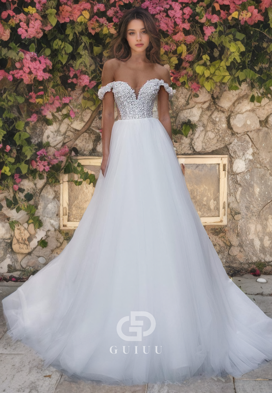 A-Line Off Shoulder Sleeveless Beaded Lace Appliques Tulle Wedding Dress