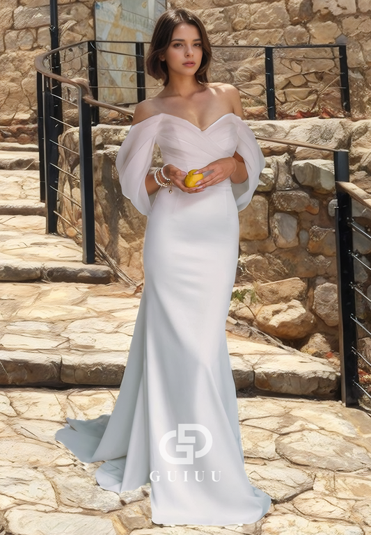 GW300 - Chic & Modern Fitted Satin Tulle Off-Shoulder Beach Boho Wedding Dresses With Bow