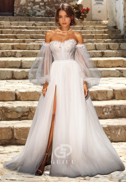 A-Line Off Shoulder Long Sleeves Tulle Wedding Dress with High Side Slit and Train