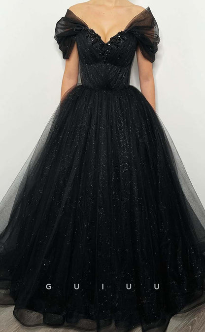 G3192 - Glitter A-Line Off-Shoulder Tulle Black Long Evening Prom Dresses