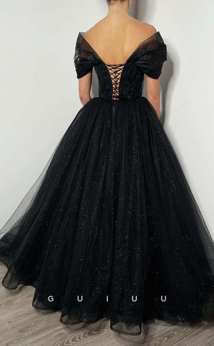 G3192 - Glitter A-Line Off-Shoulder Tulle Black Long Evening Prom Dresses