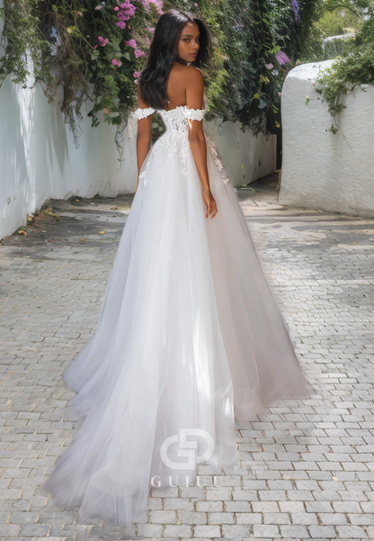 A-Line Off Shoulder Sleeveless Appliques Tulle Boho Wedding Dress with High SIde Slit and Train