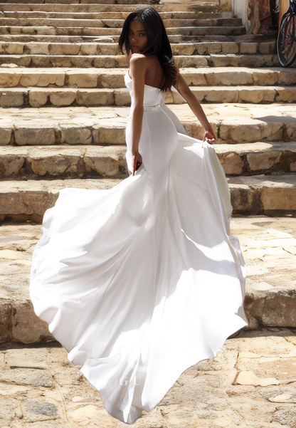 Sheath Strapless Sleeveless Beaded Pleated Long Satin Wedding Dress with High Side Slit and Train