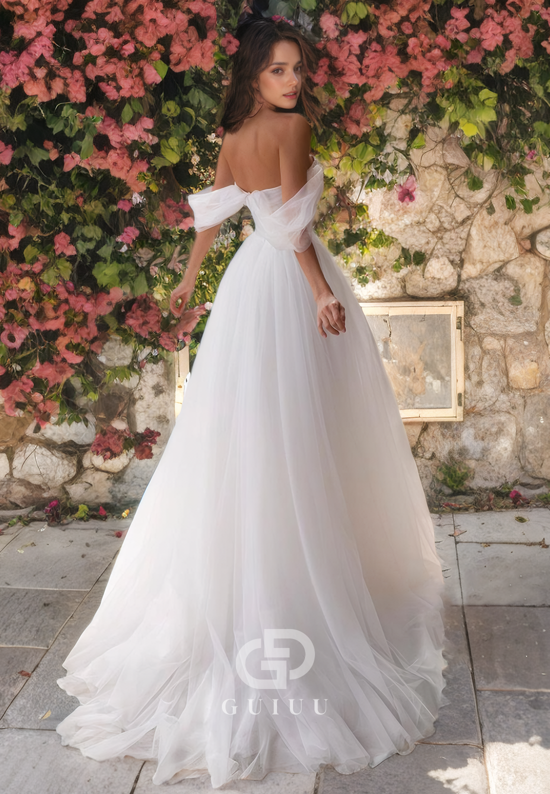 A-Line Off Shoulder Sleeveless Beaded Pleated Long Tulle Wedding Dress with Train