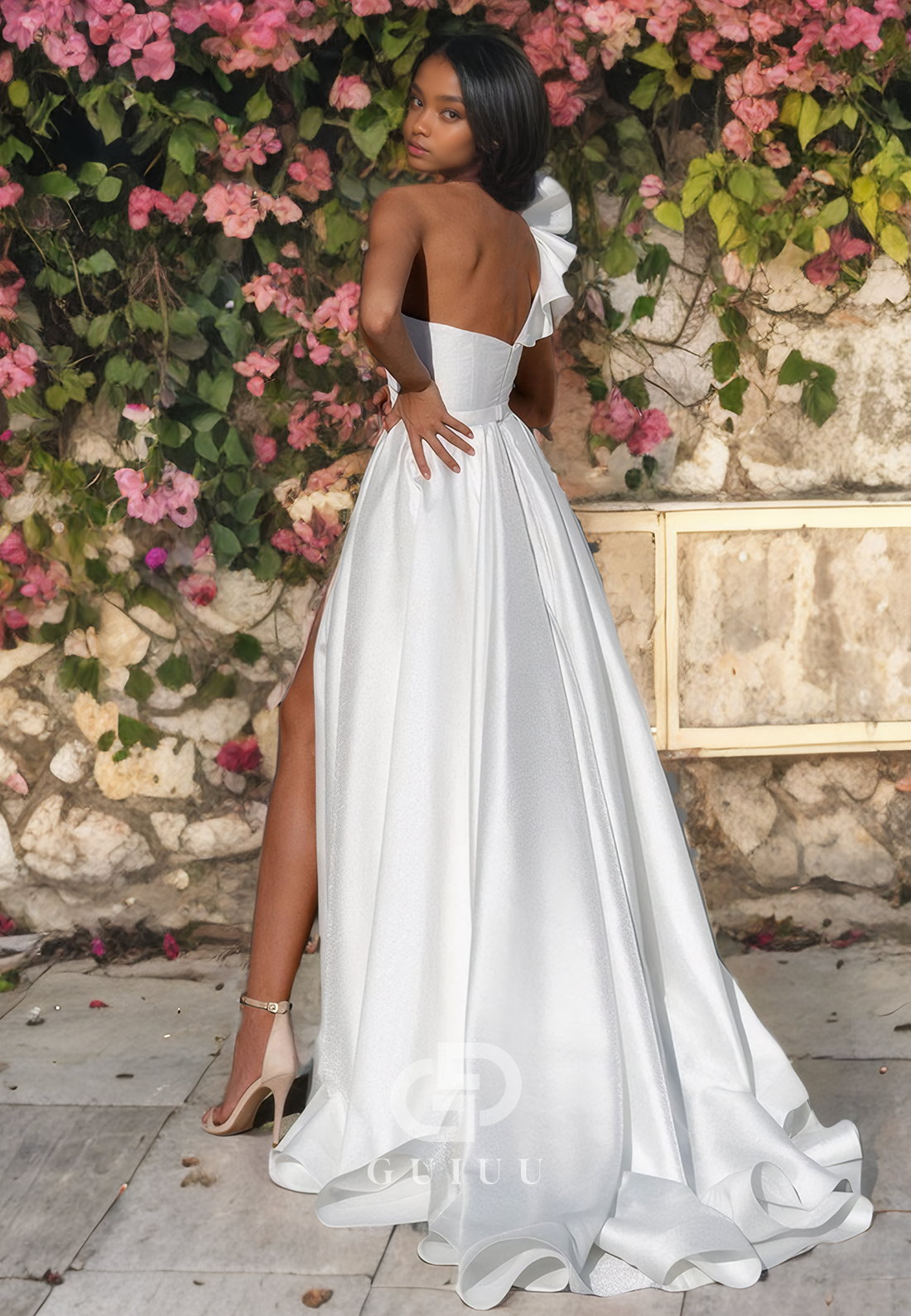 A-Line One Shoulder Sleeveless Pleated Ruffles Long Wedding Dress with High Side Slit and Train