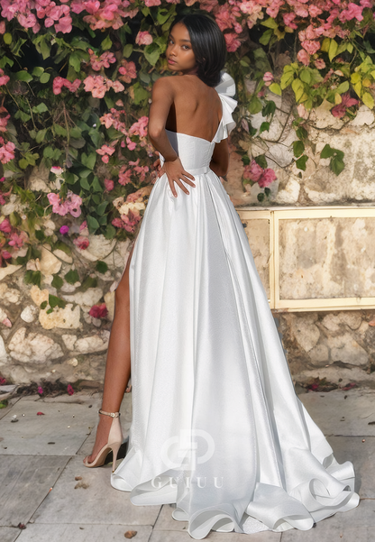 A-Line One Shoulder Sleeveless Pleated Ruffles Long Wedding Dress with High Side Slit and Train