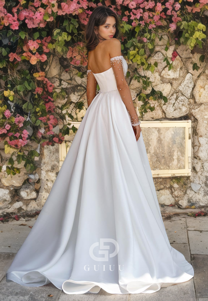 A-Line Strapless Sleeveless Beaded Pleated Long Satin Wedding Dress with Train