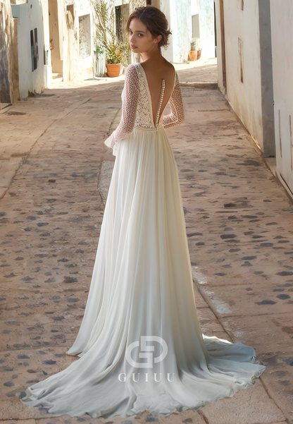 A-Line V Neck Long Sleeves Lace Appliques V Back Chiffon Wedding Dress with High Side Slit and Train