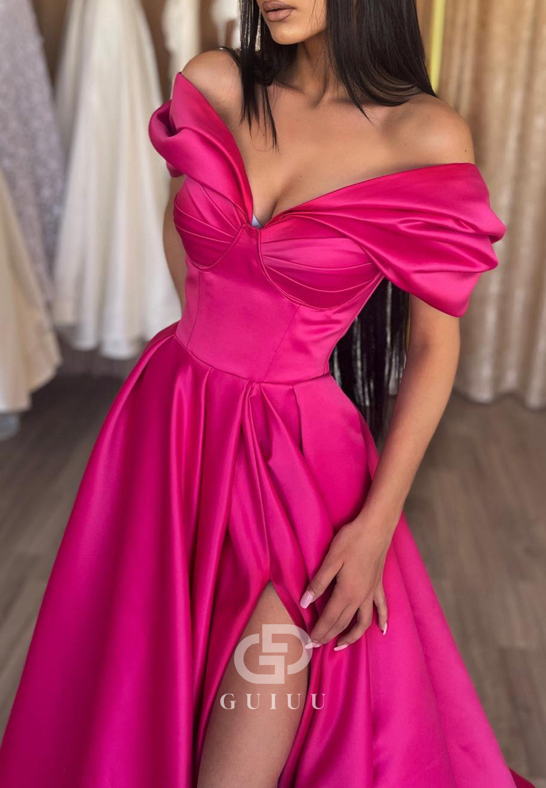 G2550 -  Chic & Modern Off-Shoulder Satin Long Prom Evening Dresses With Slit