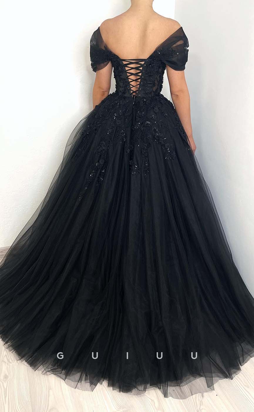 G3199 - Chic & Modern A-Line Off-Shoulder Beaded Applique Long Formal Prom Dresses