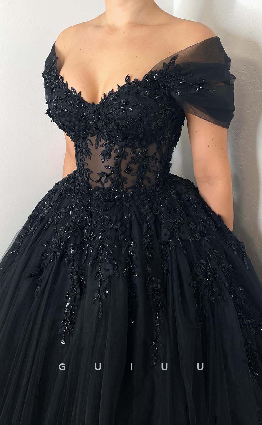 G3199 - Chic & Modern A-Line Off-Shoulder Beaded Applique Long Formal Prom Dresses