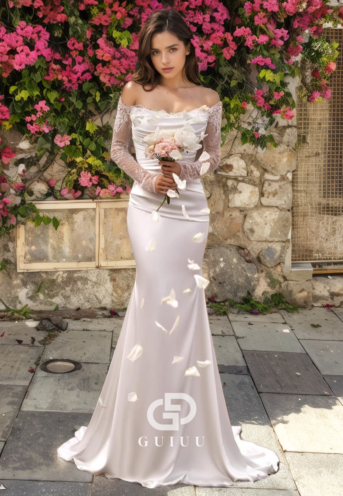 GW1017 - Sheath Off Shoulder Long Sleeves Pleated Ruched Satin Wedding Dress with Detachable Train