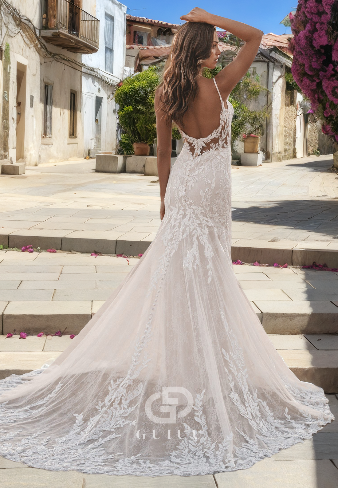 Mermaid Strapless Straps Sleeveless Fully Lace Boho Wedding Dress with Train