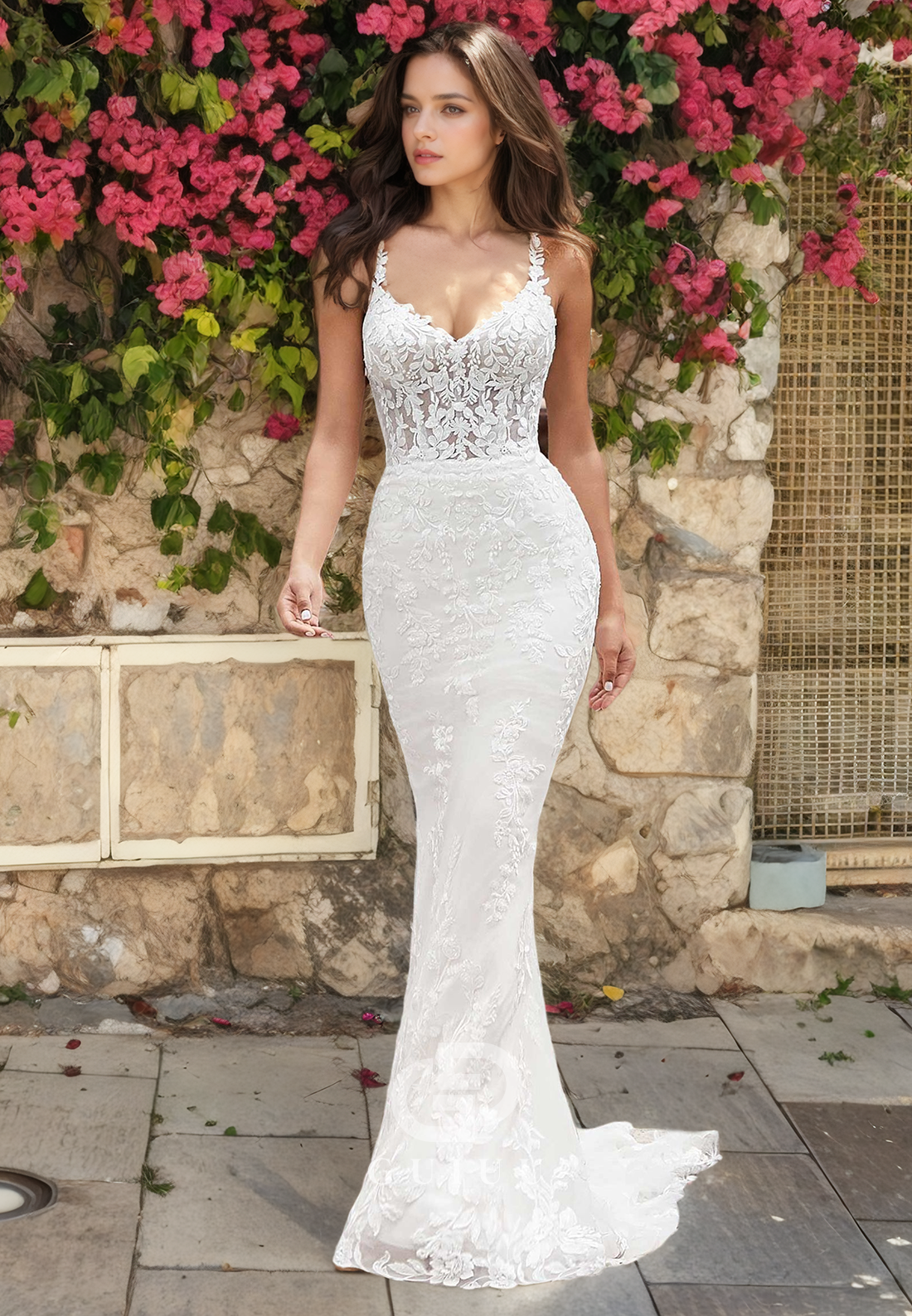 Mermaid Strapless Straps Sleeveless Fully Lace Boho Wedding Dress with Detachable Train