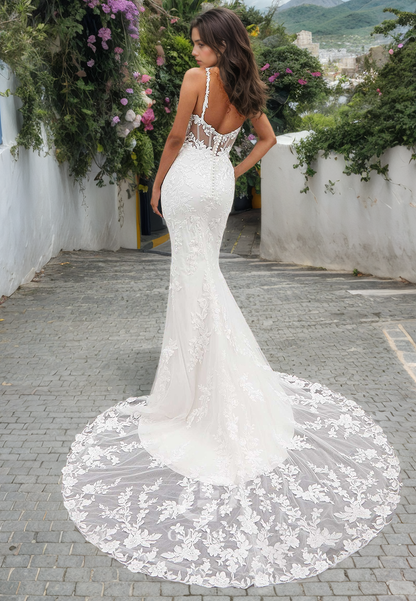 Mermaid Strapless Straps Sleeveless Fully Lace Boho Wedding Dress with Detachable Train