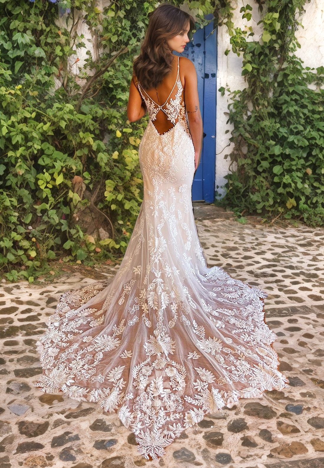 Mermaid V Neck Straps Sleeveless Fully Lace Boho Wedding Dress with Train