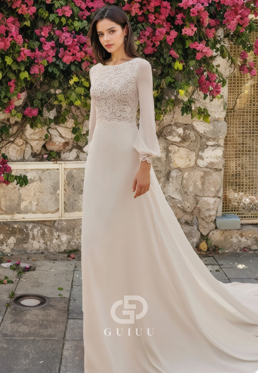 A-Line Scoop Neck Long Sleeves Lace Chiffon Wedding Dress with Train