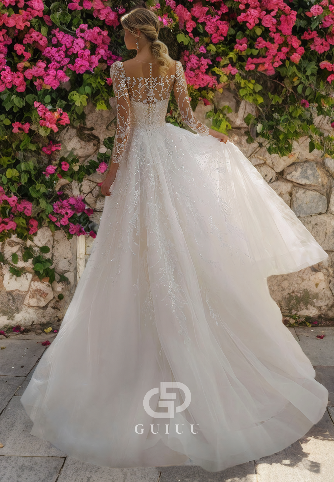 A-Line Square Neck Long Sleeves Appliques Sequins Tulle Boho Wedding Dress