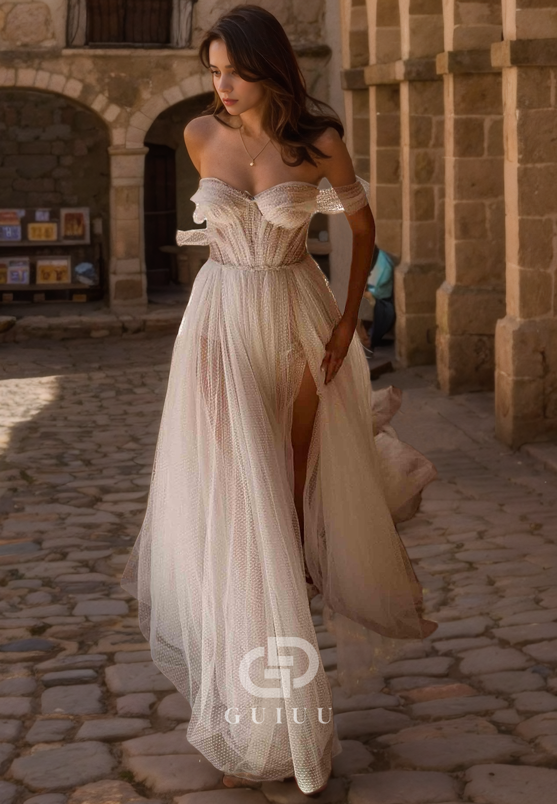 A-Line Off Shoulder Sleeveless Pleated Tulle Wedding Dress with Train ang Slit