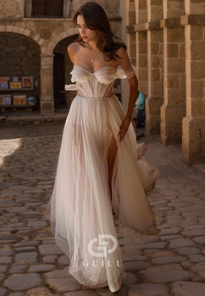 A-Line Off Shoulder Sleeveless Pleated Tulle Wedding Dress with Train ang Slit