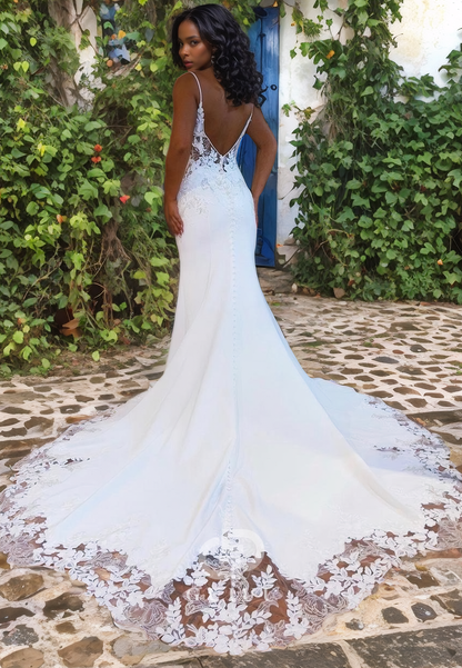 Mermaid V Neck Straps Sleeveless Appliques Lace Wedding Dress with Train