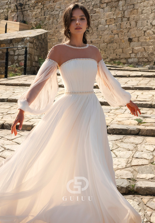 GW152 - A-Line Tulle Off-Shoulder Beaded Beach Wedding Dress