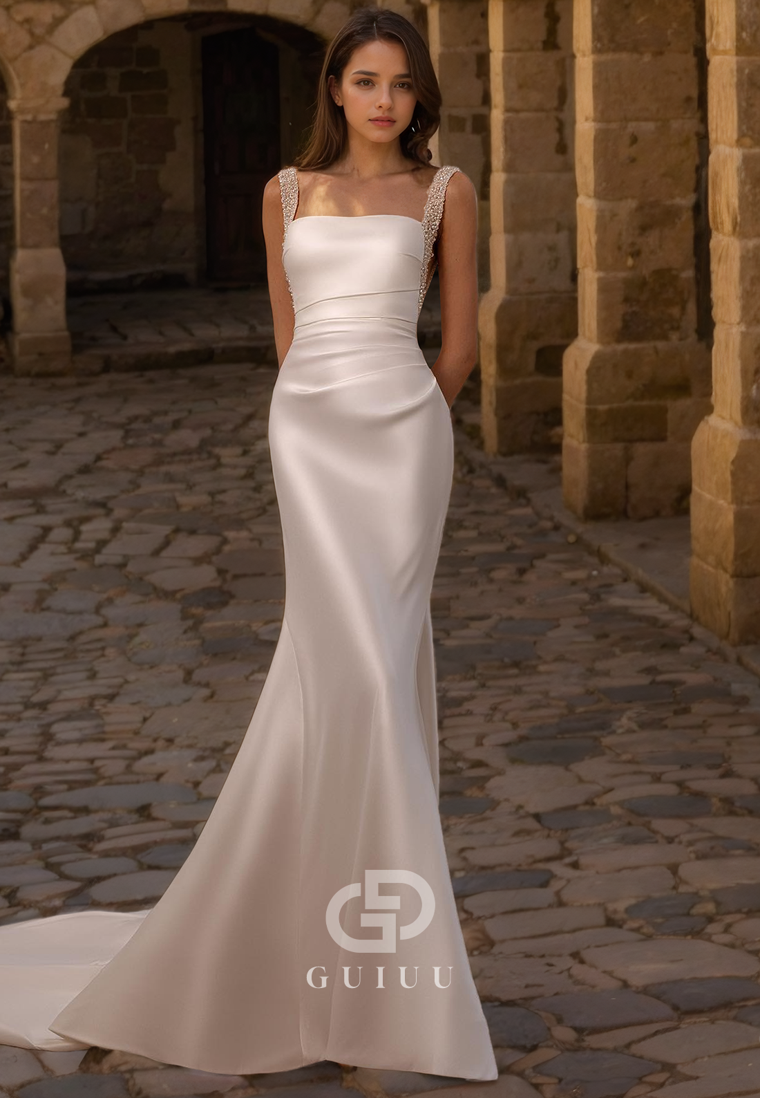 Mermaid Square Neck Straps Sleeveless Beaded Wedding Dress with Detachable Train