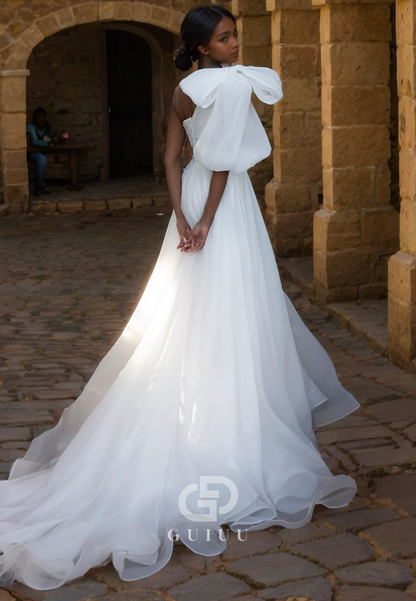 A-Line One SHoulder Half Lantern Sleeve Pleated Satin Wedding Dress with Train abd Slit