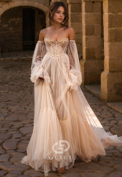 A-Line Strapless Long Sleeves Pleated Tulle Wedding Dress